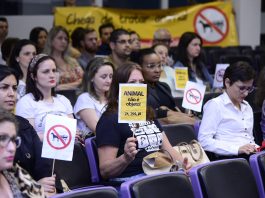 Mais de 100 pessoas debateram o PL 294/2015 no Plenário. A maioria era de protetores de animais que levaram placas e faixas